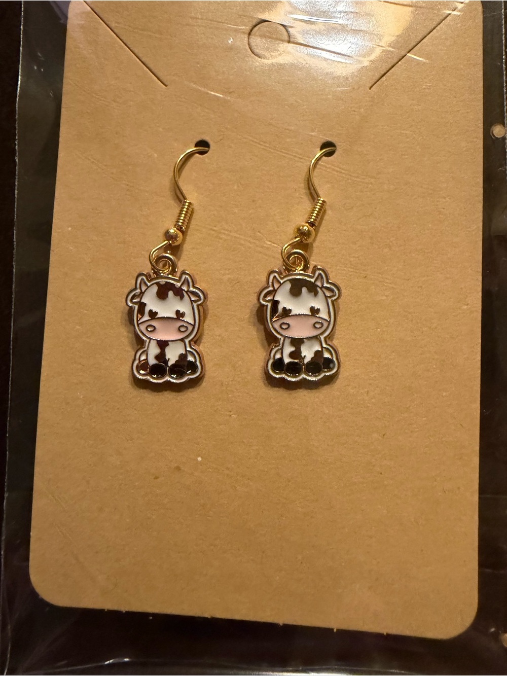 Cute Cow Dangle Earrings Gold Tone Enamel NWT